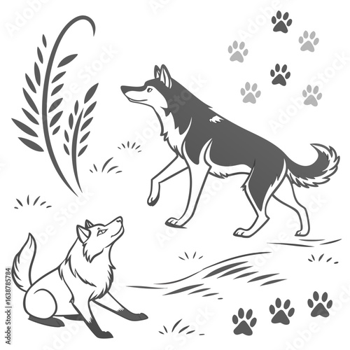 Flat modern husky silhouettes, monochrome grey on white, contemporary seamless vector
