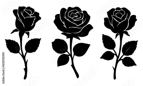 Set of three black rose silhouettes. Vector illustration of flowers with stems and leaves, isolated on a white background. Floral icon or tattoo design element.