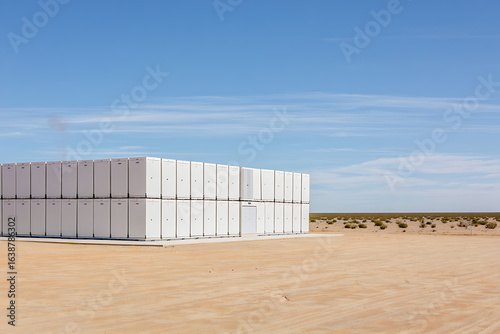 Wallpaper Mural A large stack of white building blocks or insulation panels sits in a sandy desert landscape under a clear blue sky with wispy clouds Torontodigital.ca