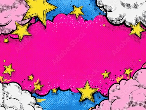 Comic book style background with pink center, clouds, and stars