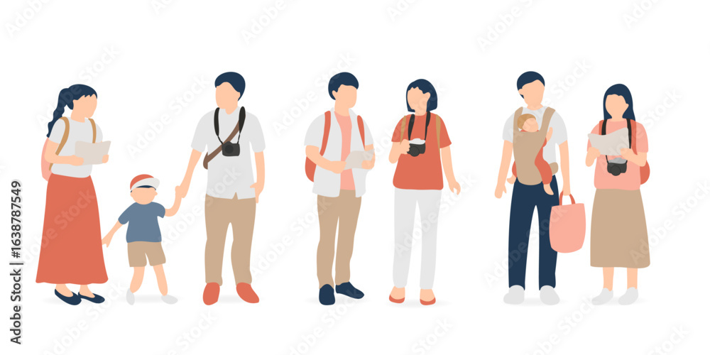 Obraz premium 観光地を歩く家族とカップルの旅行イラストセット（地図とカメラ）