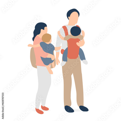 赤ちゃんを抱っこする夫婦のイラスト（乳児と幼児の子育て）