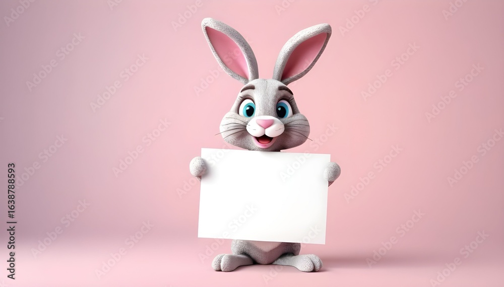Obraz premium Easter bunny holding a blank sign, easter announcement mockup concept hd, copyspace 3d style , created with generative ai