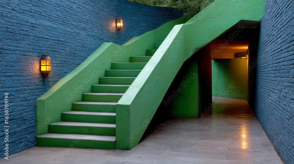 Obraz premium Green concrete staircase curves along textured blue brick wall with vintage wall lights