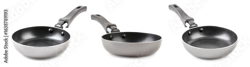 Set of frying pans on white...