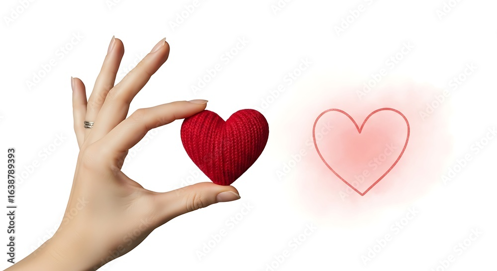 Obraz premium Delicate hand holding a knitted red heart, love and affection concept on white background