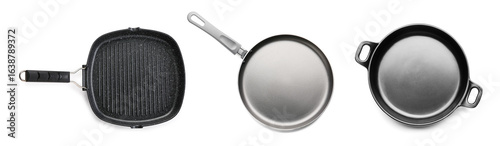 Set of frying pans on white background, top view
