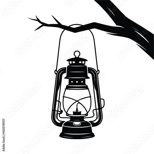 Old kerosene lantern hanging from a tree branch silhouette isolated on white background