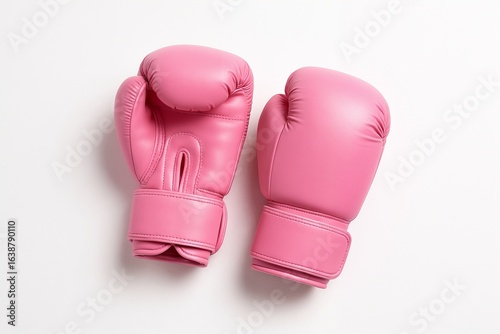 Pair of pink boxing gloves on a clean white background, symbolizing the fight against breast cancer. Minimalist composition for October Pink awareness campaigns.