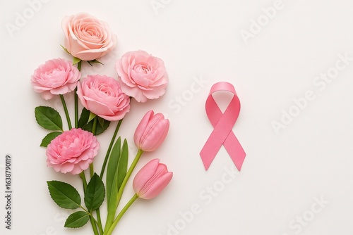 Pink roses, peonies, and tulips arranged on a clean white background with a pink breast cancer awareness ribbon beside them. Minimalist composition, perfect for October Pink campaigns, women’s health.