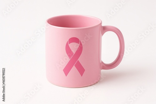 Pastel pink ceramic mug with a breast cancer awareness ribbon printed on the side, placed on a clean white background. Minimalist and symbolic design for October Pink campaigns and women’s health.