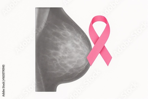 Stylized grayscale mammogram illustration of a breast with a pink breast cancer awareness ribbon integrated into the design. Minimalist medical concept on a clean white background.