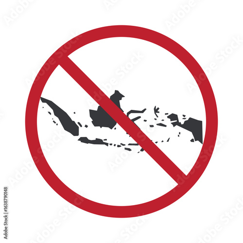 Isolated prohibition sign featuring Indonesia map with restriction symbol, boycott icon, travel ban, and embargo concept.