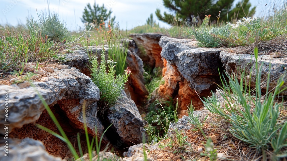 Obraz premium Rocky fissure in a grassy field