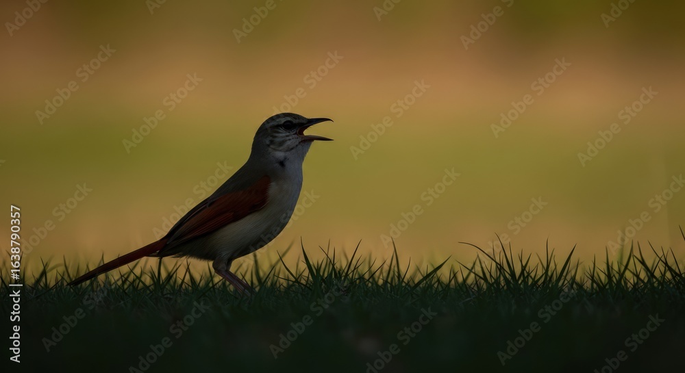 Fototapeta premium Rufous Bush Chat Singing on the Grassland at Sunrise