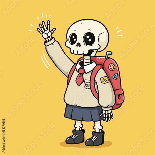 Cartoon skeleton in school uniform with red backpack, waving cheerfully on a yellow background.