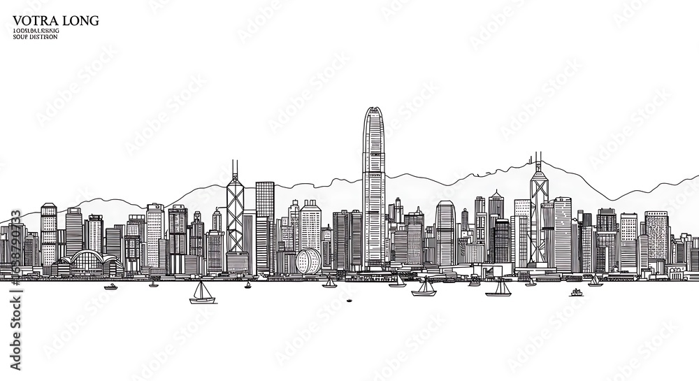 Obraz premium Detailed Black and White Line Drawing of Hong Kong Skyline with Boats