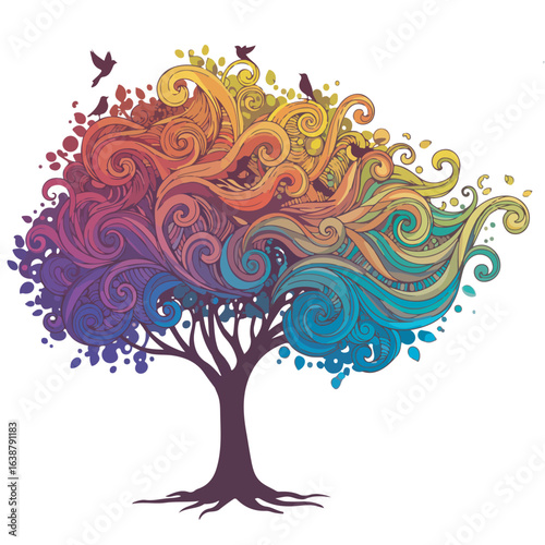 An illustrative tree of life with colorful rainbow swirls and birds. Abstract concept of creativity and nature.