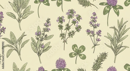 Detailed Botanical Illustration of Herbs and Flowers on a Creamy Background