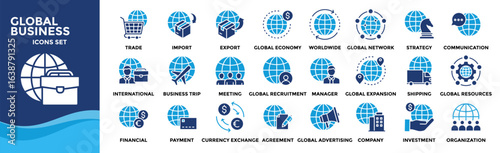 Global Business icon set. Containing design International Trade, Import, Export, Global Economy, Worldwide, Global Network