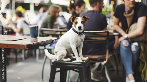 Fototapeta Naklejka Na Ścianę i Meble -  Small dog sitting on a stool at an outdoor restaurant