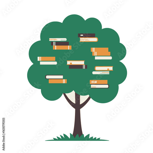 A stylized illustration of a green tree of knowledge with stacks of books growing on its branches instead of leaves.