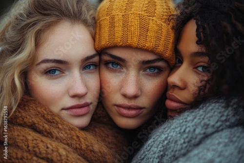 Diverse Women Friends Hugging  Winter Fashion  Close Up