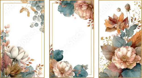 Vector Vertical wedding invitation card set with orchid flowers. Save the date botany design for wedding ceremony. Cosmetics brochure. 