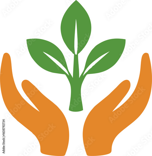 Minimalist vector hand logo with orange hands holding a fresh green plant, symbolizing growth, sustainability, environment care, and eco-friendly living.