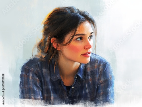 Woman  Portrait  Painted  Digital Art  Brunette  Plaid Shirt
