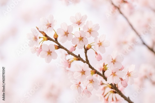 Delicate Cherry Blossom Branch with Soft Pink Flowers and Gentle Bokeh Background During Spring Season, Nature's Beauty Captured in Bloom