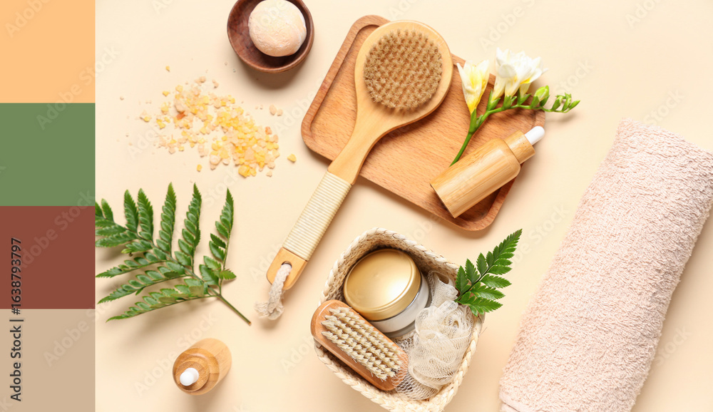 custom made wallpaper toronto digitalComposition with spa accessories, cosmetics and fern leaves on color background