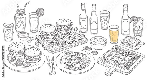 Detailed Line Art Illustration of a BBQ Feast