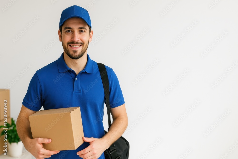 Happy delivery person in a blue uniform holding a cardboard box with a smile, ready to deliver packages against a neutral background Happy delivery person in a blue uniform holding a cardboard box with a smile, ready to deliver packages against a neutral background