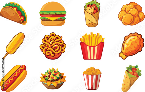 Delicious cartoon fast food collection including burger taco hotdog and french fries