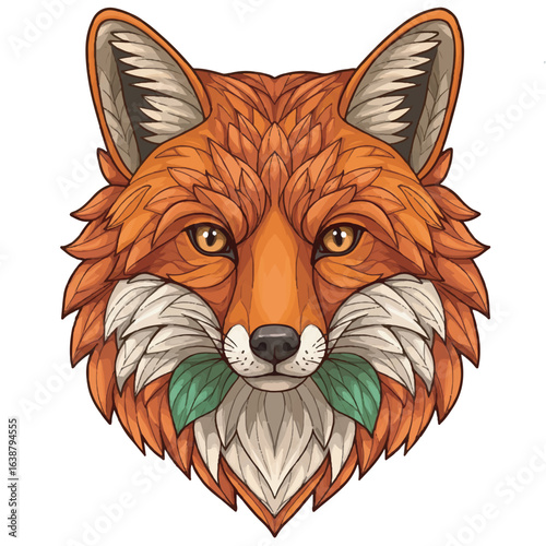 Stylized illustration of a majestic red fox head holding green leaves. A symmetrical, decorative portrait of a cunning woodland animal.