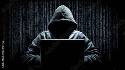 A hacker in a hoodie, involved in a cyber attack, uses a laptop to infiltrate an online data server, dangers of digital threats and cybercrime. Digital paint and art style.