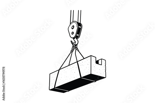 Concrete Block Suspended by Crane Hook with Cables Vector Illustration
