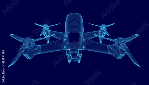 A 3D wireframe model of a drone displays intricate technical details against a solid blue background. The blueprint-style rendering highlights the aircraft's structure, components.