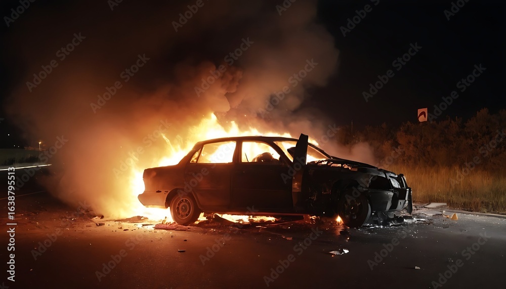 Fototapeta premium fire in the car and blast after the road accident at night, created with generative ai