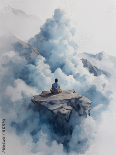 Watercolor painting illustration depict man sit in meditation prayer mountain cliff.