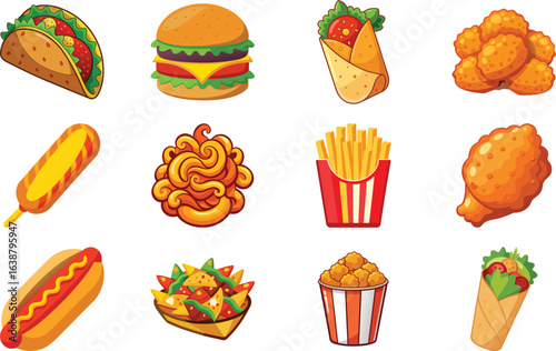 Colorful cartoon illustration of various popular american fast food dishes