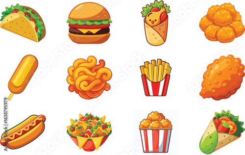 Collection of delicious cartoon fast food icons representing popular menu items