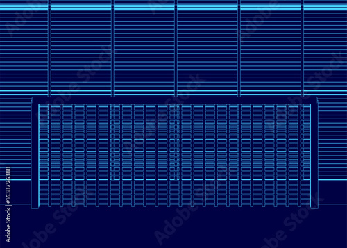 Soccer pitch building interior blueprint with detailed contour lines and structural elements on a blue background. The design features spatial planning for sports facilities, highlighted by precise.