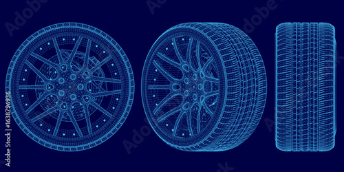 A 3D wireframe model of a car wheel displays intricate structural details on a solid blue background. The blueprint-style rendering highlights the wheel's design with precision.