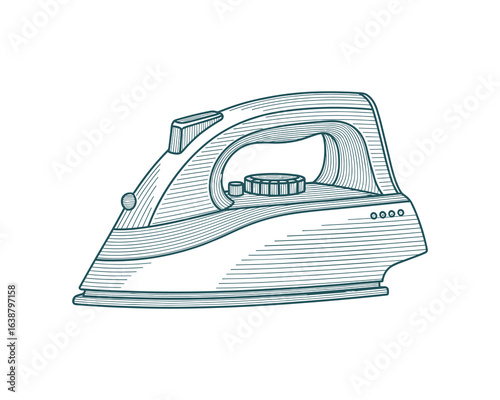 Engraved Style Electric Iron, Clothing Care Equipment, Home Appliance, Line Art Vector Illustration