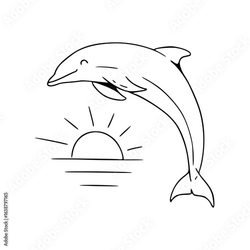 dolphin jumping with sunrise line art