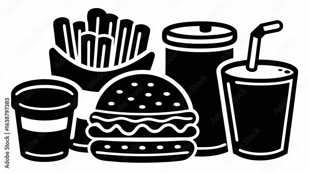 Black and white illustration of fast food items including burger fries and drinks in a simple style | editable eps vectors silhouette Black and white illustration of fast food items including burger fries and drinks in a simple style | editable eps vectors silhouette