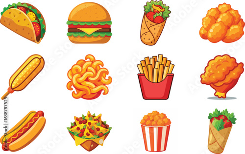 A colorful array of delicious cartoon fast food items perfect for menu designs