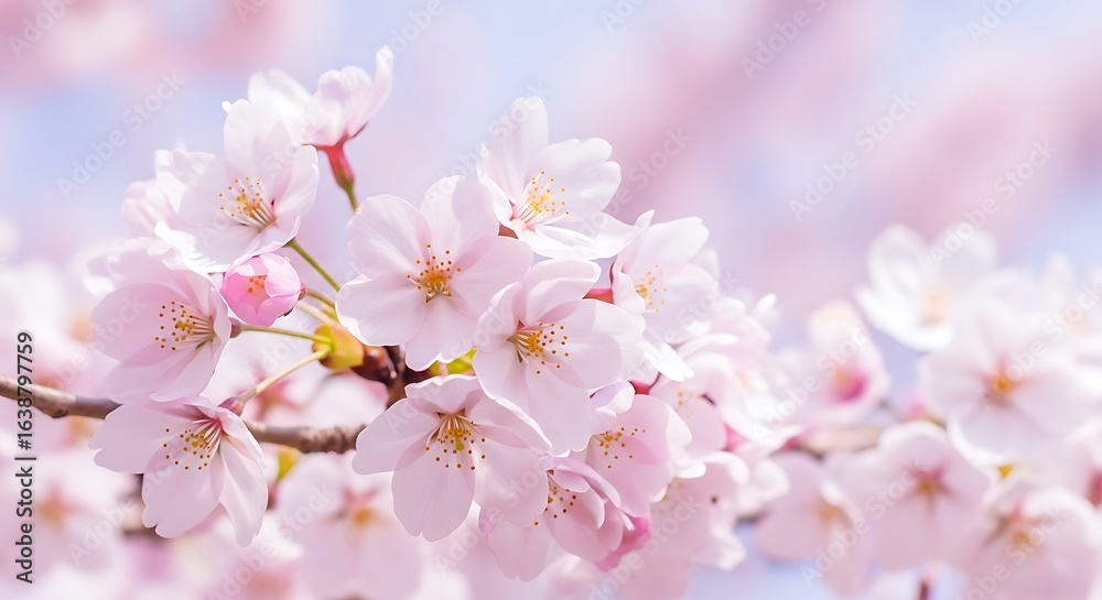 Fototapeta premium Delicate Cherry Blossom Branch Displaying Stunning Pink and White Flowers Against a Soft Sky Background Perfect for Springtime Designs